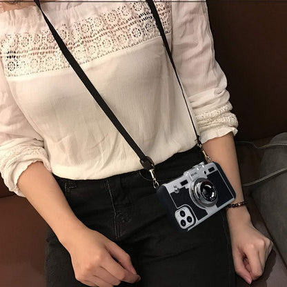 iPhone Case Compatible with iPhone 15 pro max Vintage Camera Case Cover Cute 3D Cool Unique Design Silicone Case with Removable Neck Strap